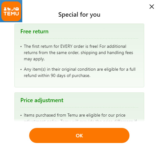 temu free return offer